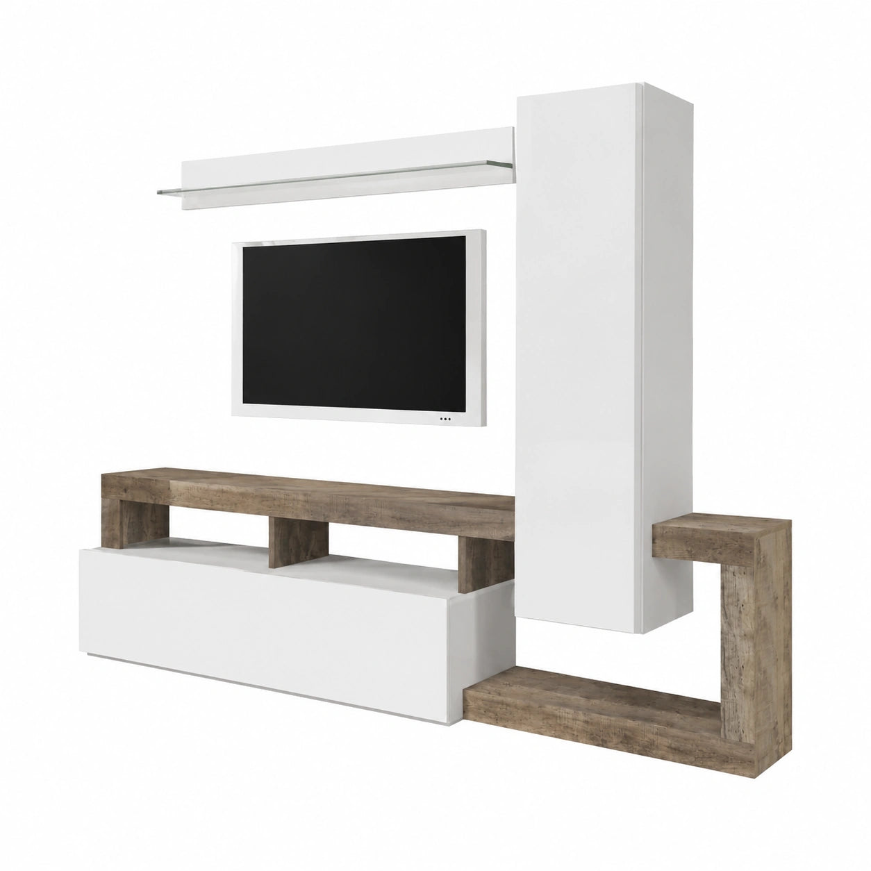 Web Convenienza Parete TV Hamburg Bianco Lucido Attrezzata - Mobile Televisore in Legno con Pensili ad Ante a Ribalta Moderno (1 Pensile Alto, Pero)