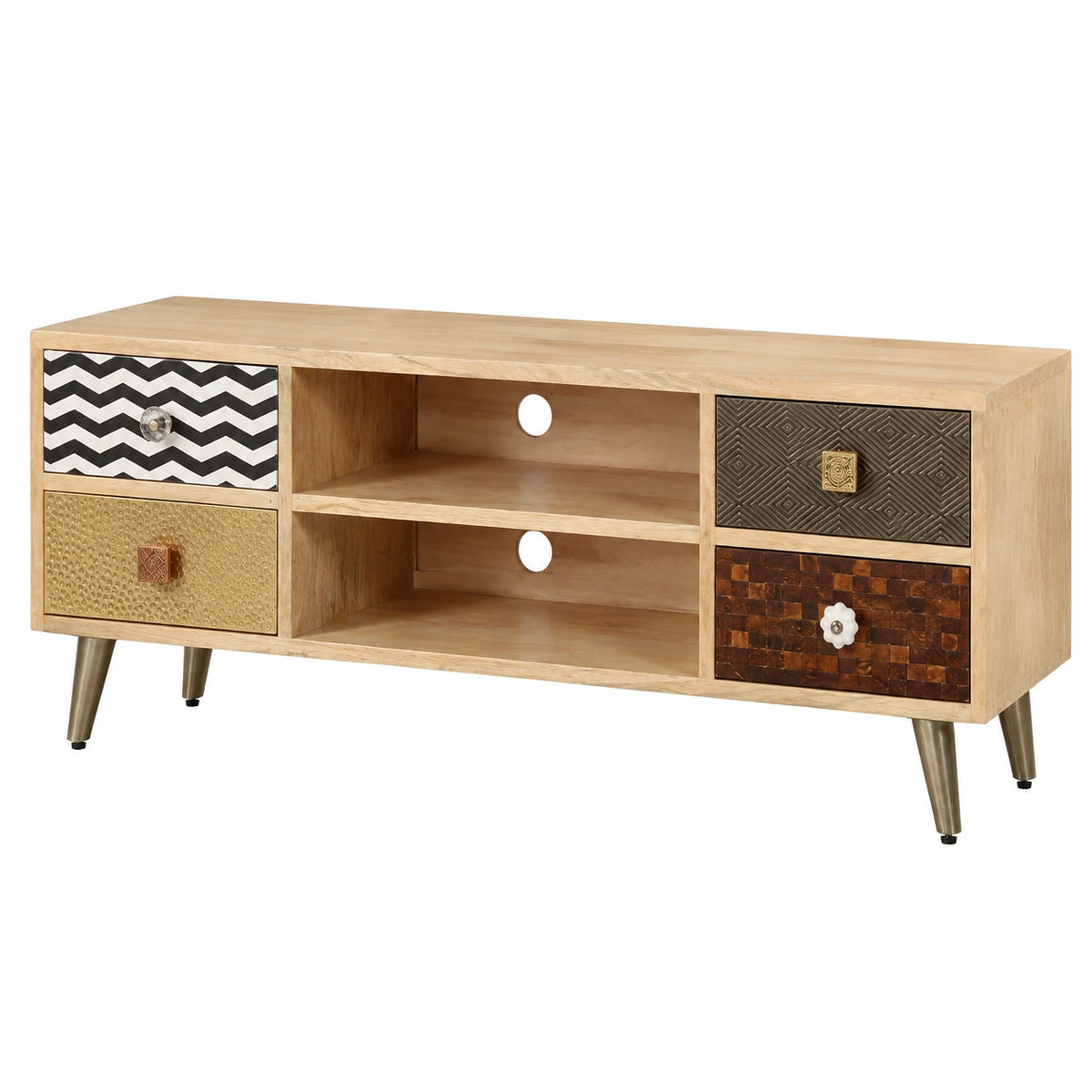 Mobile Porta TV in Legno Massello di Mango Stile Industriale 120 × 30 × 40 cm con 2 Scomparti e 4 Cassetti per Soggiorno Credenza Madia Bassa Retrò