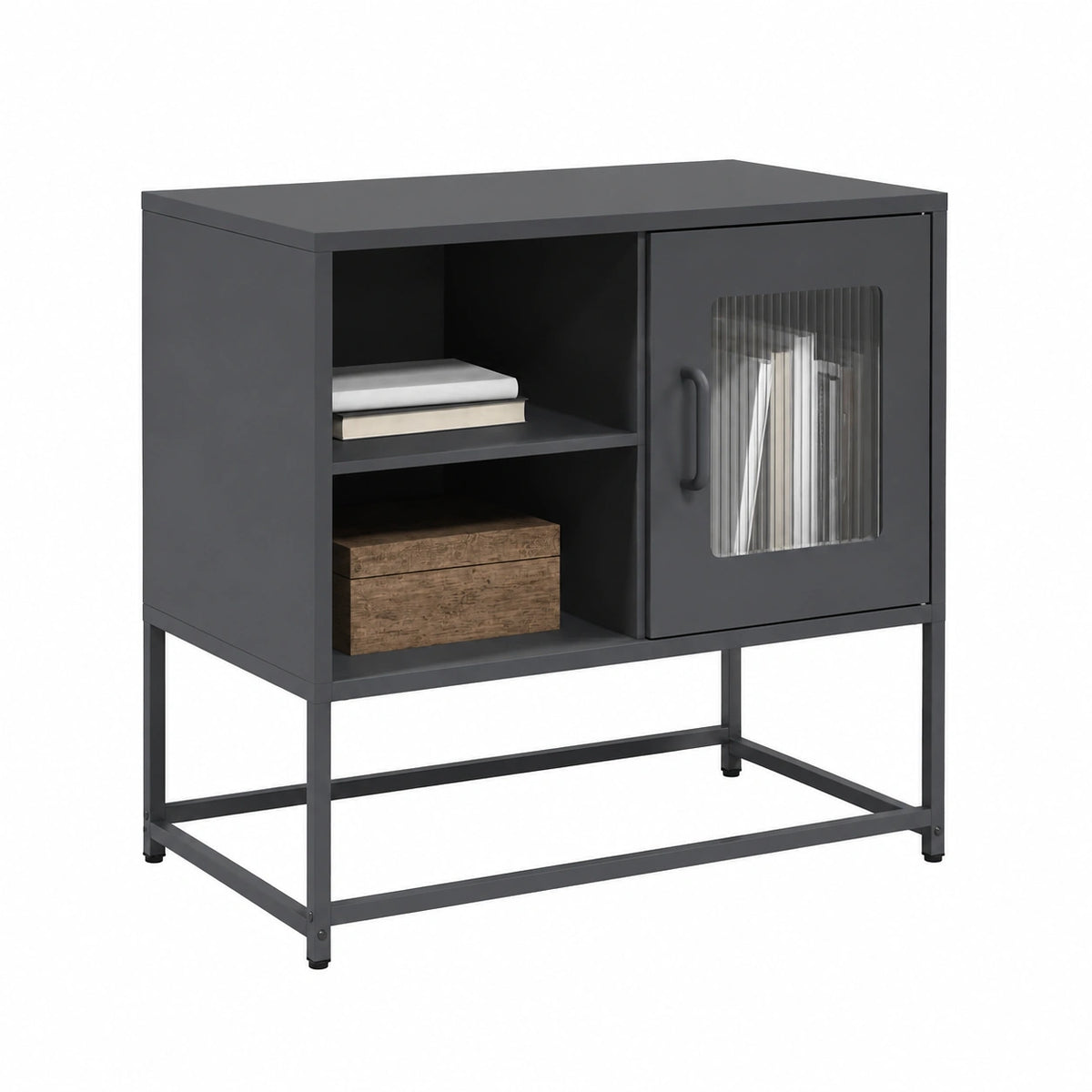 Mobile porta TV antracite in acciaio laminato a freddo, 68 × 39 × 60,5 cm, con anta e ripiani, moderno e industriale, per soggiorno