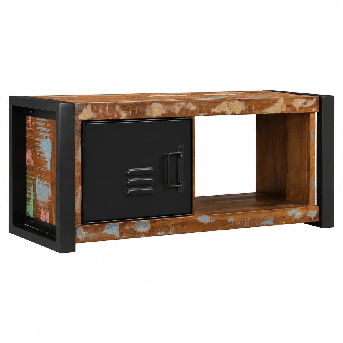 Mobile Porta TV 80 × 30 × 35 cm in Legno Massello di Recupero con Ampio Spazio Archiviazione e Maniglie in Metallo per Salotto Stile Industriale