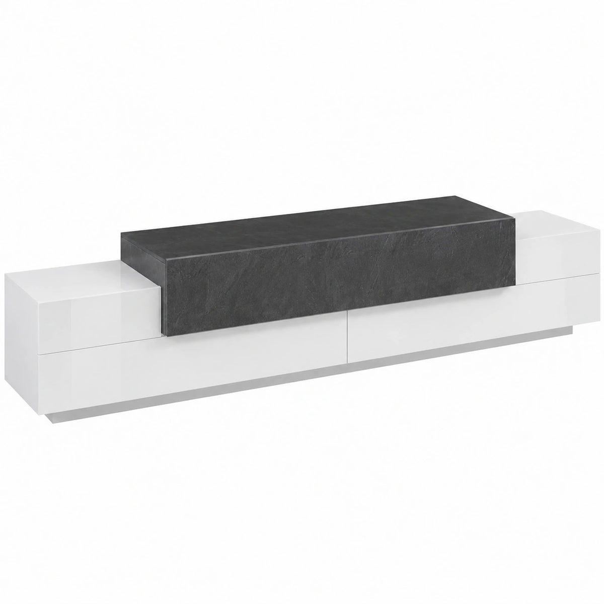 Mobile porta TV Nico, Credenza bassa da soggiorno, Base porta televisione, 100% in Italy, cm 240 × 45h52, Bianco lucido e Ardesia