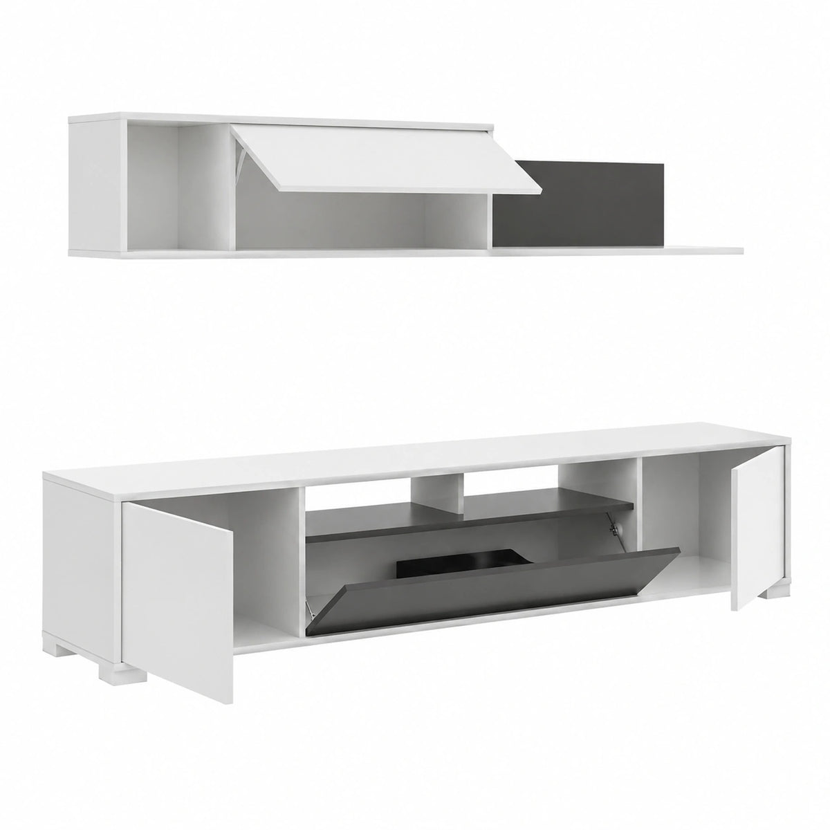 Dmora Parete Attrezzata Gruf 41 × 200 × 180h cm Bianco Lucido 6 Ripiani Modulabile, Apertura Battente e a Ribalta