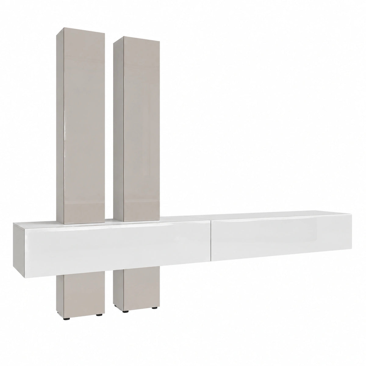 Vladon Parete attrezzata Moja - Bianco opaco & Bianco, grigio sabbia lucido - Parete attrezzata moderna per il soggiorno (LxHxP) 330 × 204 × 39 cm