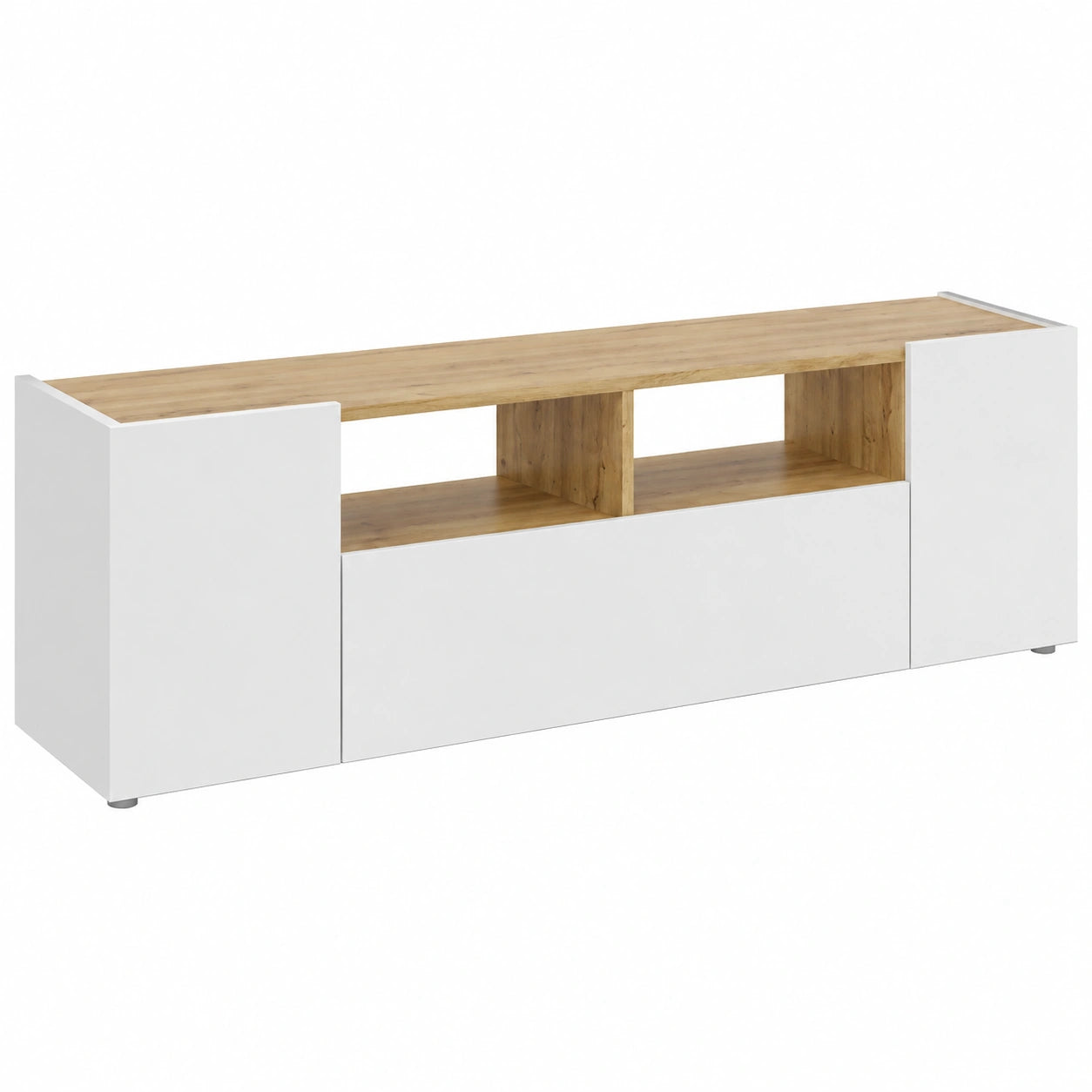Mobile porta TV Etna, Credenza bassa da soggiorno, Madia da salotto per televisione, 142 × 35h44 cm, Bianco e Rovere Nodi