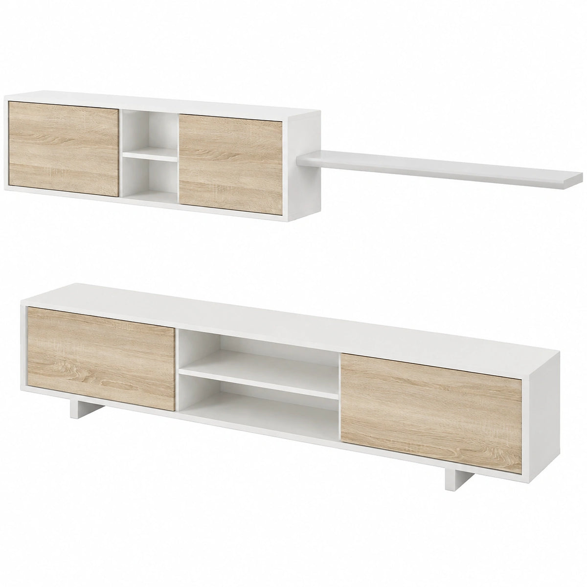 Mobile Porta TV Moderno, Pensile a 2 Ante e mensola, cm 200 × 46 × 41, Colore Rovere e Bianco, 200 × 46 × 41