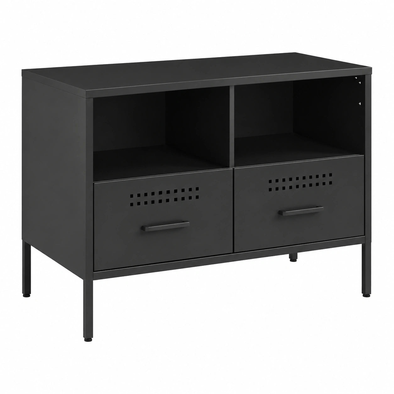 Mobile TV Industriale Nero in Acciaio Laminato a Freddo, 68 × 39 × 50.5 cm, 30 kg Portata Massima, 2 Scomparti e 2 Cassetti, 4 Piedini Regolabili